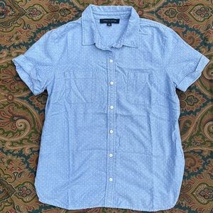 Tommy Hilfiger cuffed shortsleeve button down shirt blue w white dots Petite S